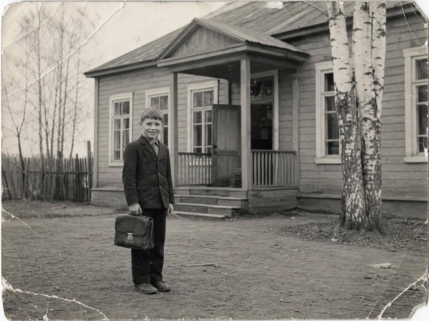 Повреждённая архивная фотография школьника у деревенской школы